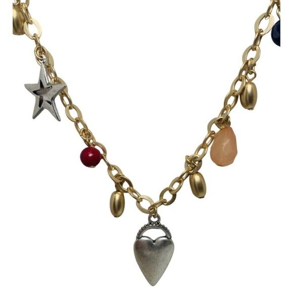 CHICO’S Multicolor Beaded Faux Pearl Long Gold Tone Charm Necklace 39in - Picture 1 of 8